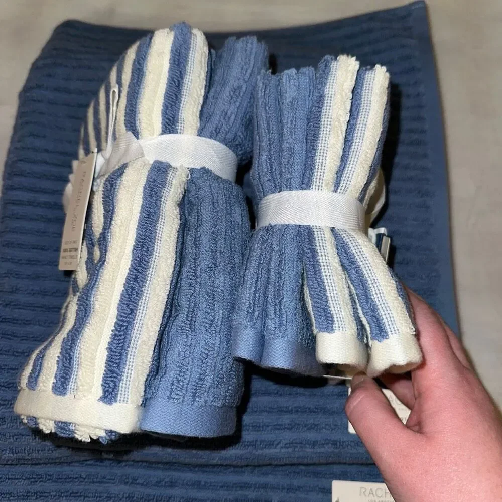 Rachel Zoe Bath Towel Set Cream Dusty Blue Stripe and Solids Pattern 8 Piece NWT